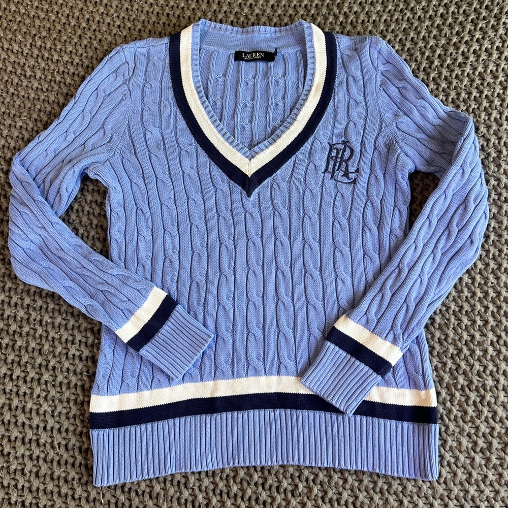 Lauren Ralph Lauren Blue Cable Knit Cricket Sweater V-Neck Women Size M